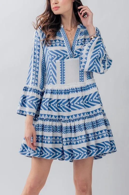 Embroidered Pattern Ruffle Bell Sleeve Dress
