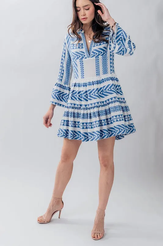 Embroidered Pattern Ruffle Bell Sleeve Dress