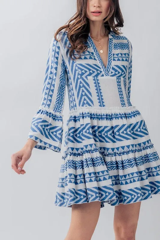 Embroidered Pattern Ruffle Bell Sleeve Dress
