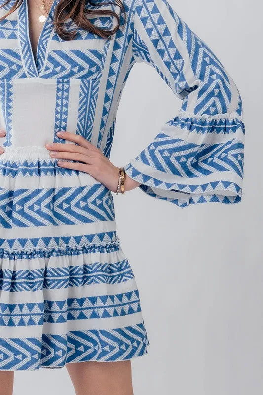 Embroidered Pattern Ruffle Bell Sleeve Dress