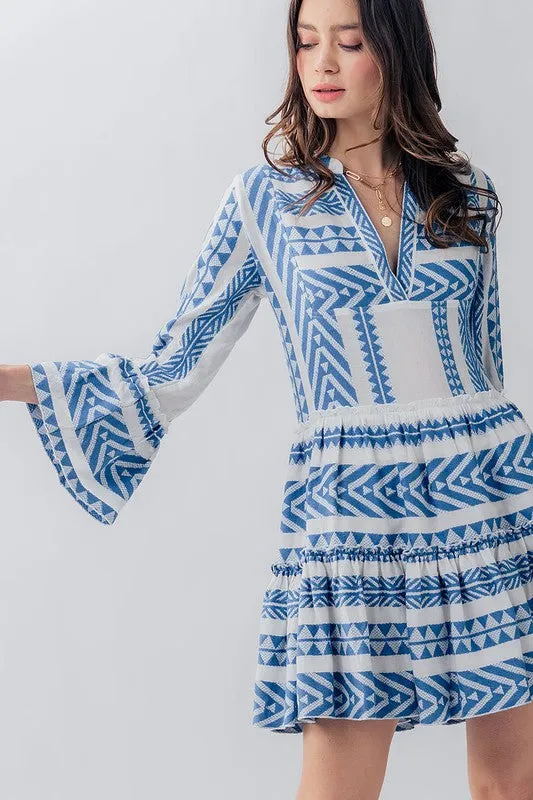 Embroidered Pattern Ruffle Bell Sleeve Dress