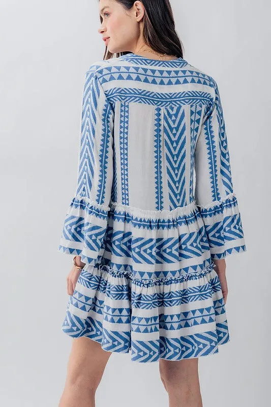 Embroidered Pattern Ruffle Bell Sleeve Dress