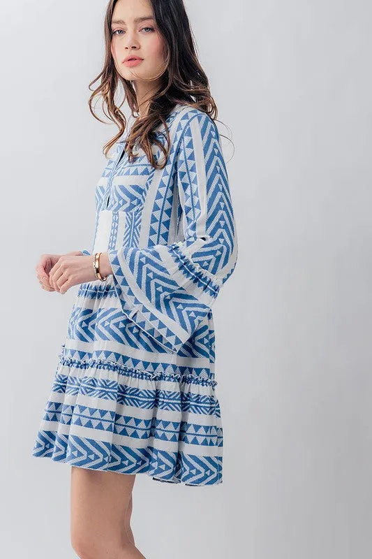 Embroidered Pattern Ruffle Bell Sleeve Dress