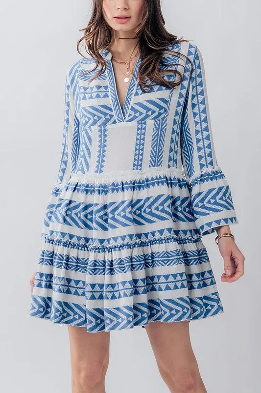 Embroidered Pattern Ruffle Bell Sleeve Dress