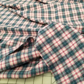 End of Bolt: 2 yards of Wool Blend Melton Pink and Blue Plaid Slight Brushed Woven-end of bolt