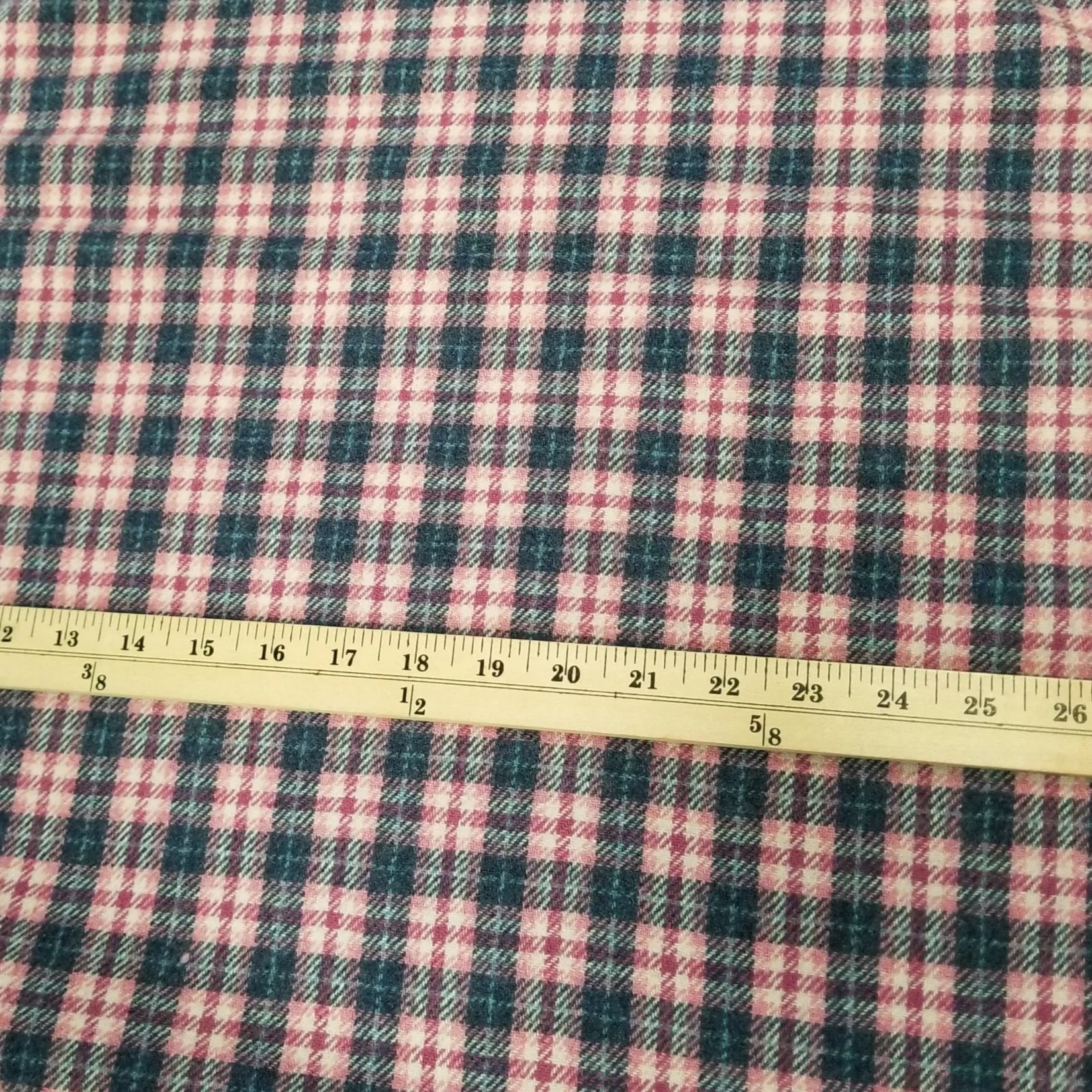 End of Bolt: 2 yards of Wool Blend Melton Pink and Blue Plaid Slight Brushed Woven-end of bolt