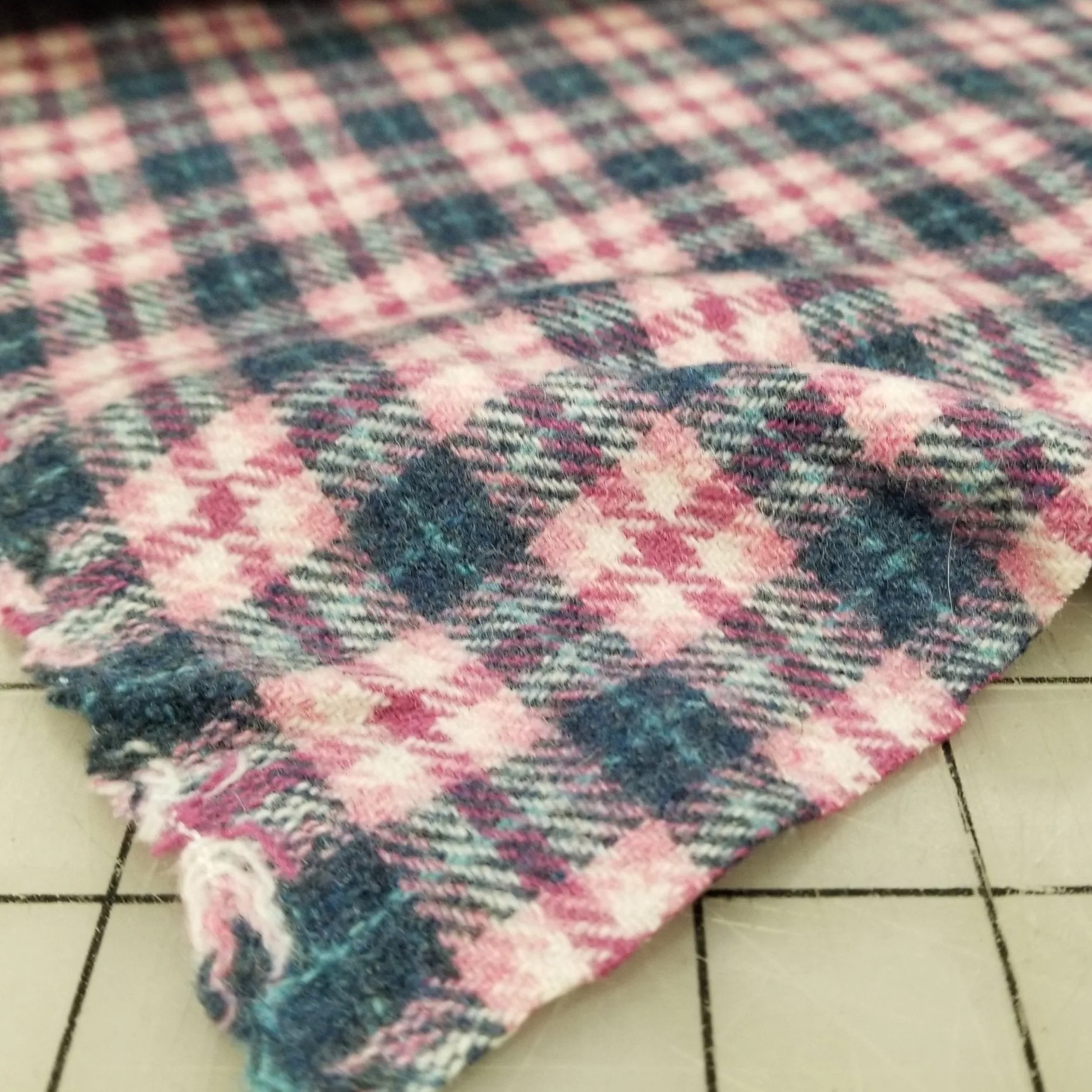 End of Bolt: 2 yards of Wool Blend Melton Pink and Blue Plaid Slight Brushed Woven-end of bolt