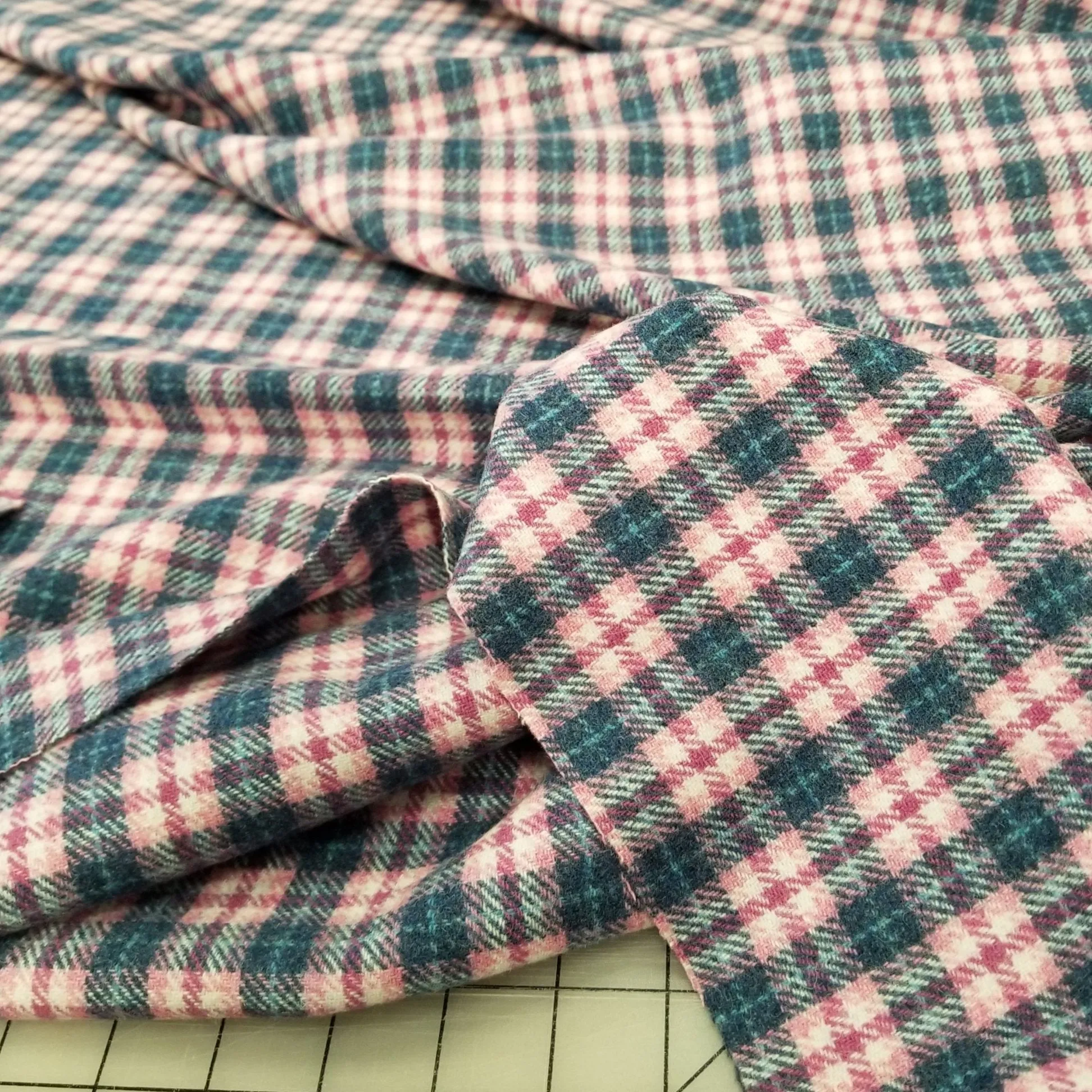 End of Bolt: 2 yards of Wool Blend Melton Pink and Blue Plaid Slight Brushed Woven-end of bolt