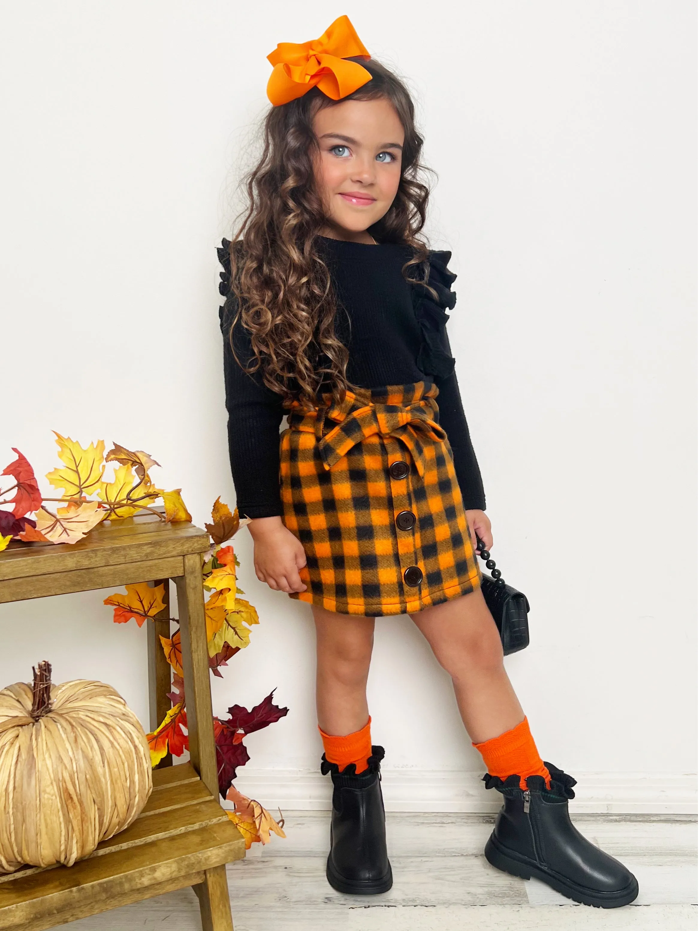 Feels Like Fall Ruffled Top And Checkered Skirt Set