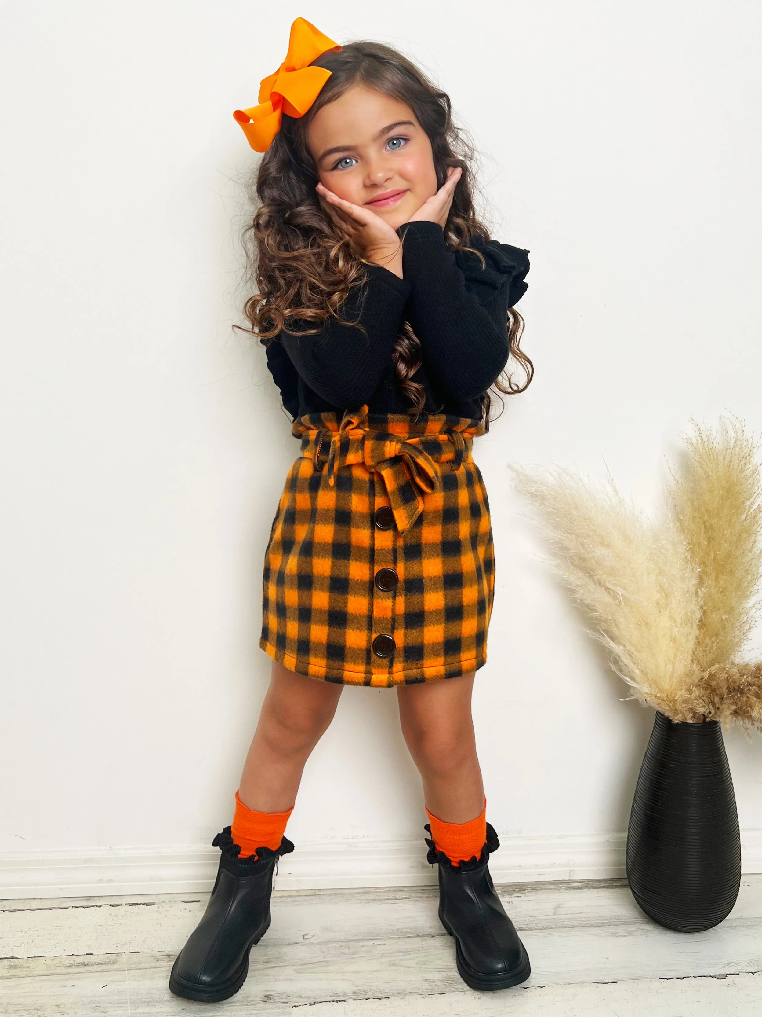 Feels Like Fall Ruffled Top And Checkered Skirt Set