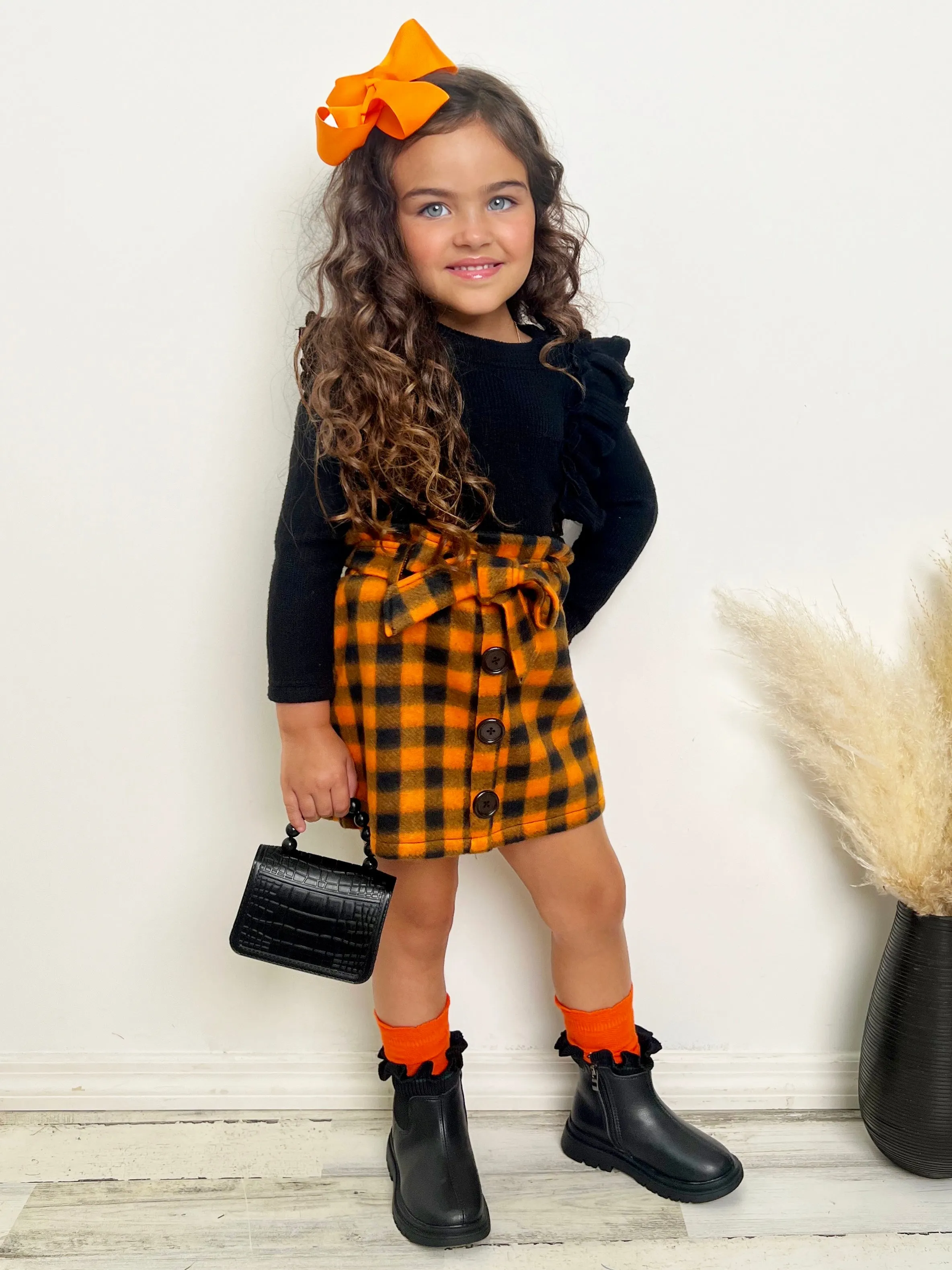 Feels Like Fall Ruffled Top And Checkered Skirt Set