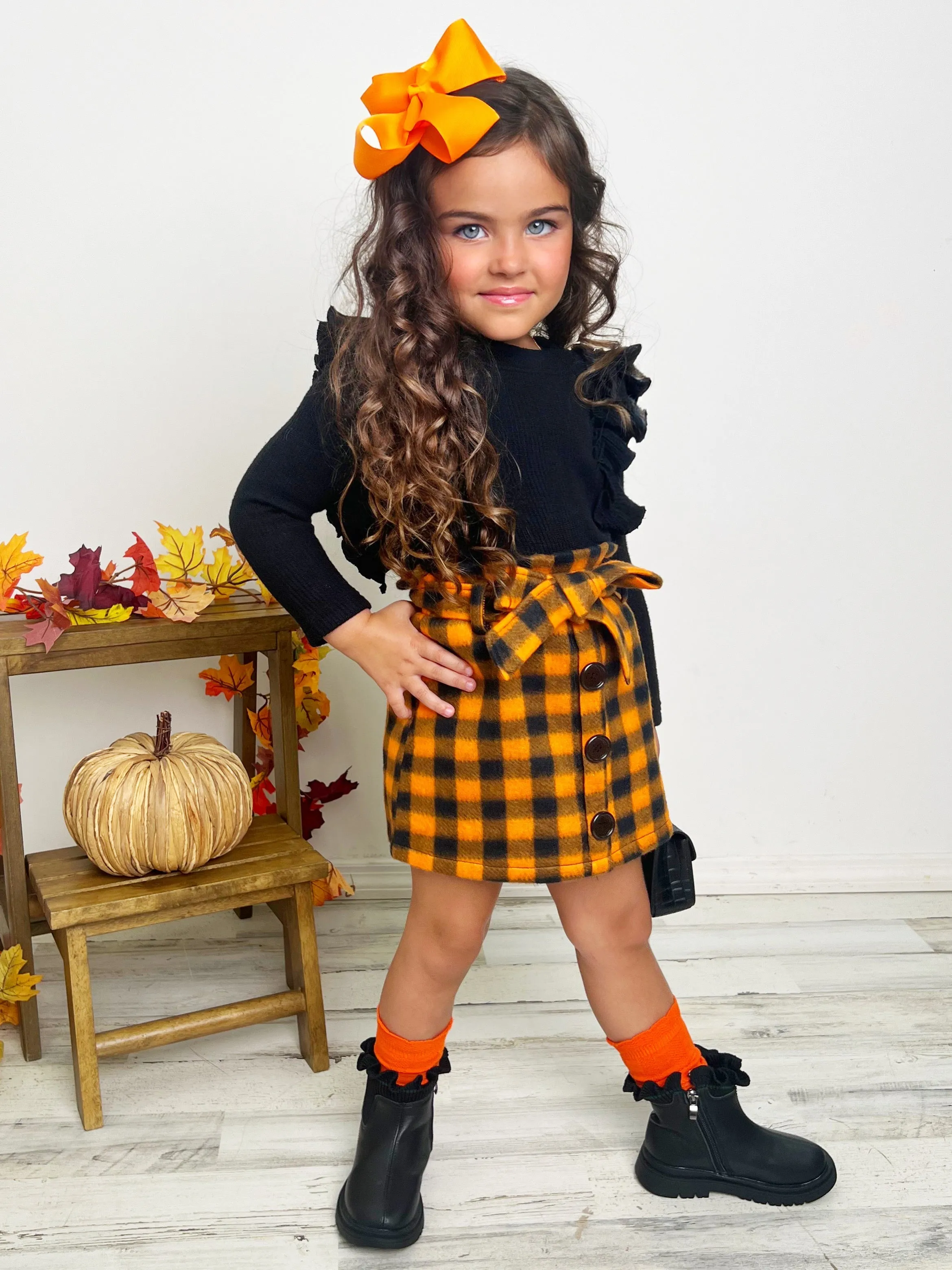 Feels Like Fall Ruffled Top And Checkered Skirt Set