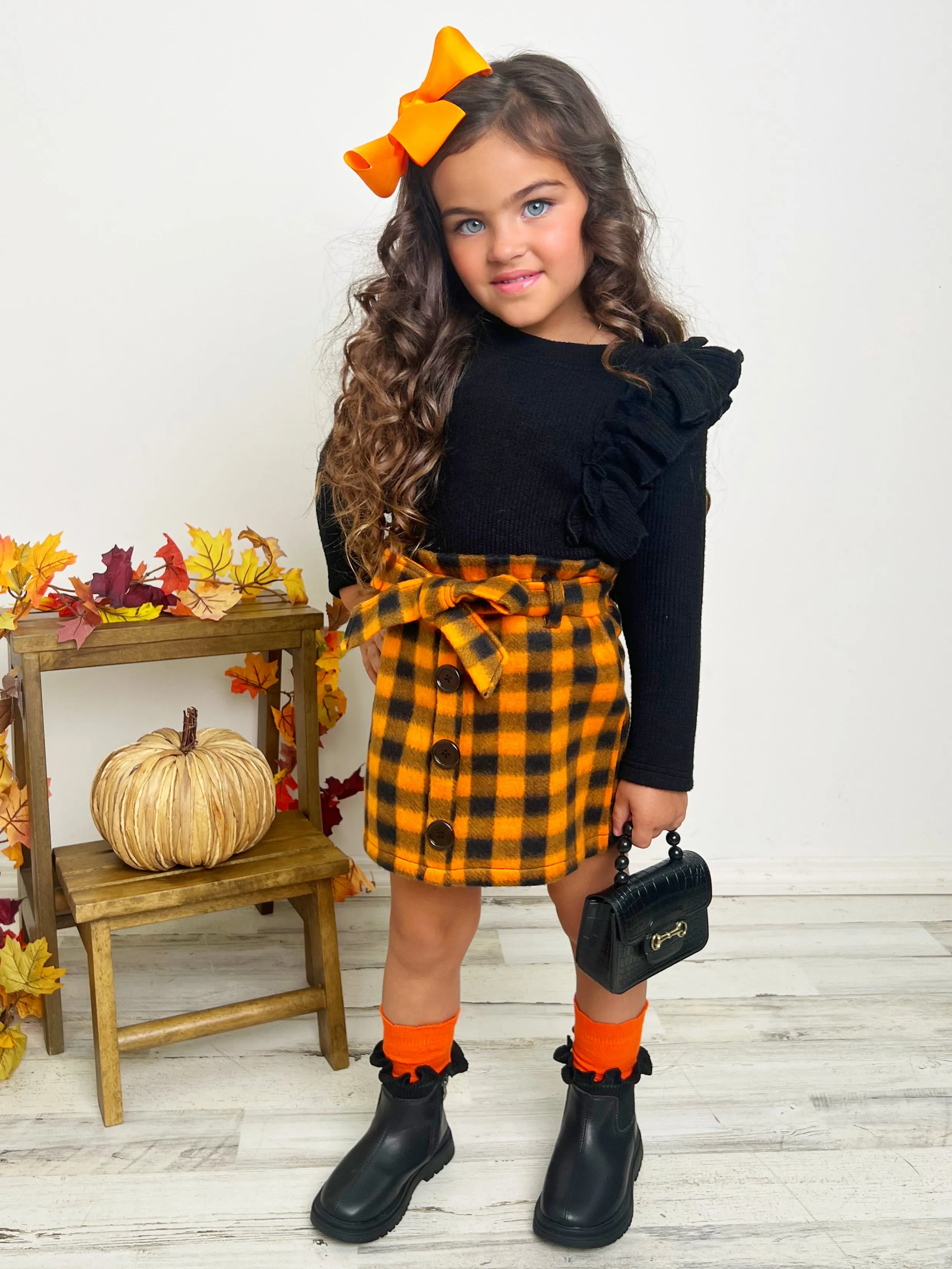 Feels Like Fall Ruffled Top And Checkered Skirt Set