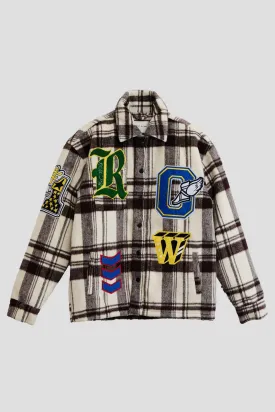 FIRST ROW DENIM MUTI PATCHES WOOL CHECK PADDING SHACKET (BROWN)