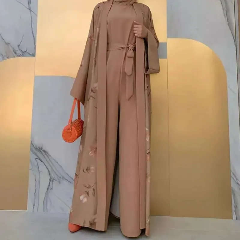 Floral Print Ethnic Abaya Set with Sleeveless Wide Leg Jumpsuit | Women's Clothing