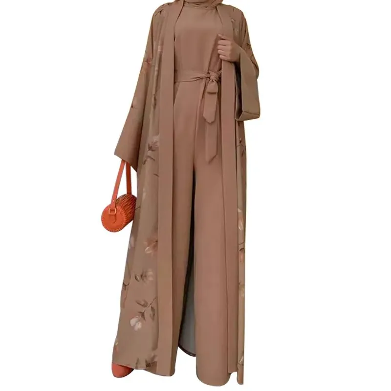 Floral Print Ethnic Abaya Set with Sleeveless Wide Leg Jumpsuit | Women's Clothing