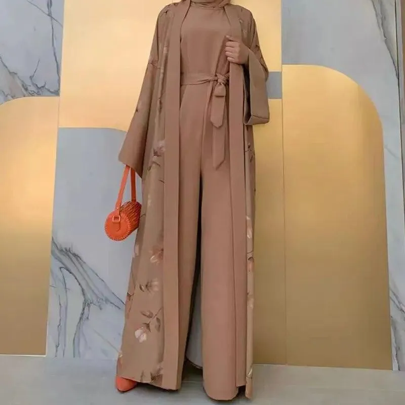 Floral Print Ethnic Abaya Set with Sleeveless Wide Leg Jumpsuit | Women's Clothing