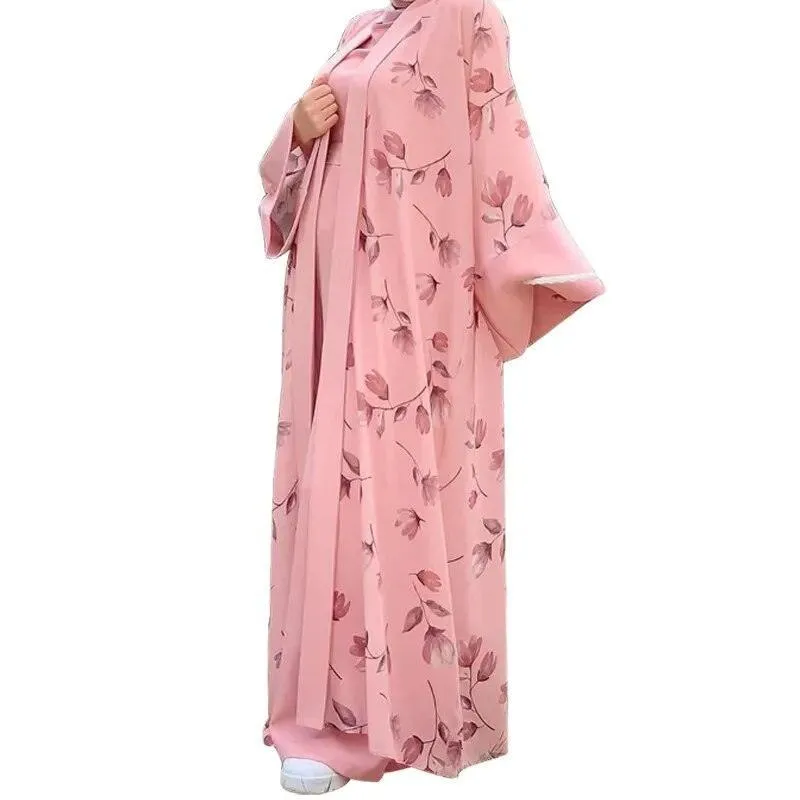 Floral Print Ethnic Abaya Set with Sleeveless Wide Leg Jumpsuit | Women's Clothing