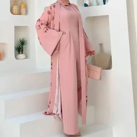 Floral Print Ethnic Abaya Set with Sleeveless Wide Leg Jumpsuit | Women's Clothing