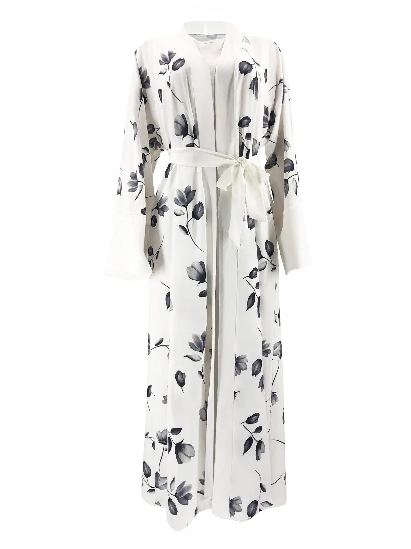 Floral Print Ethnic Abaya Set with Sleeveless Wide Leg Jumpsuit | Women's Clothing