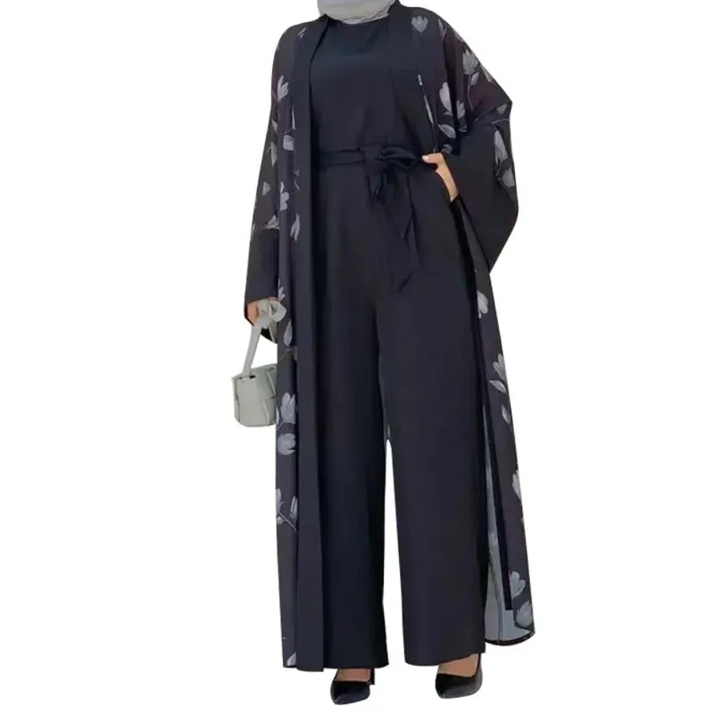 Floral Print Ethnic Abaya Set with Sleeveless Wide Leg Jumpsuit | Women's Clothing