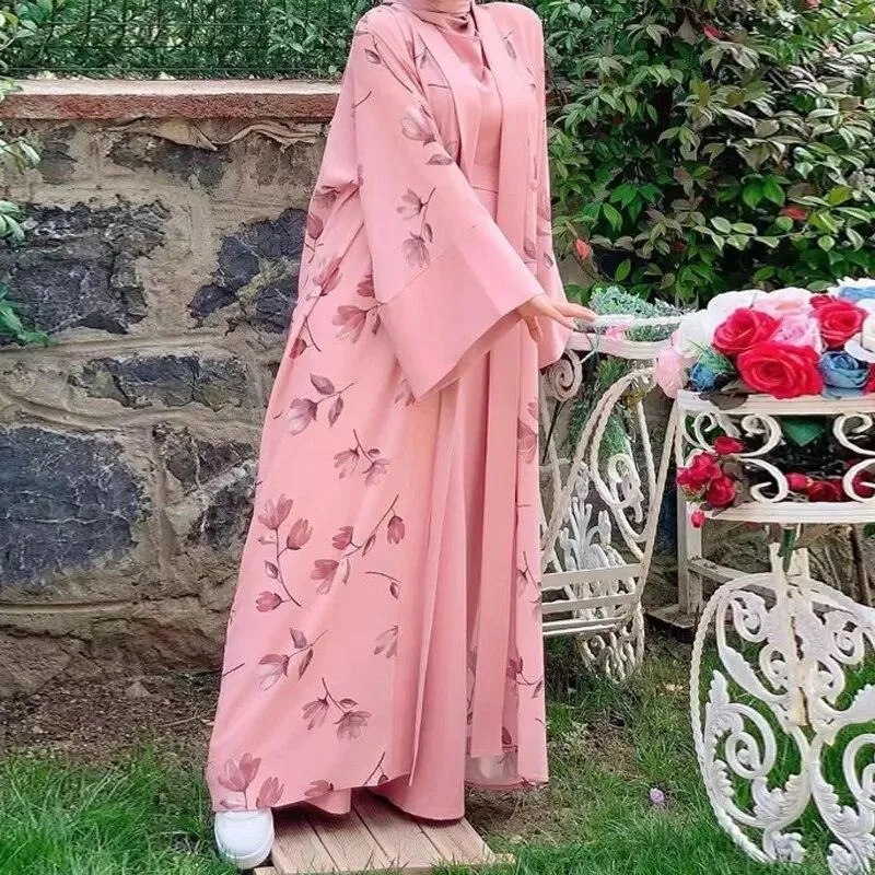 Floral Print Ethnic Abaya Set with Sleeveless Wide Leg Jumpsuit | Women's Clothing