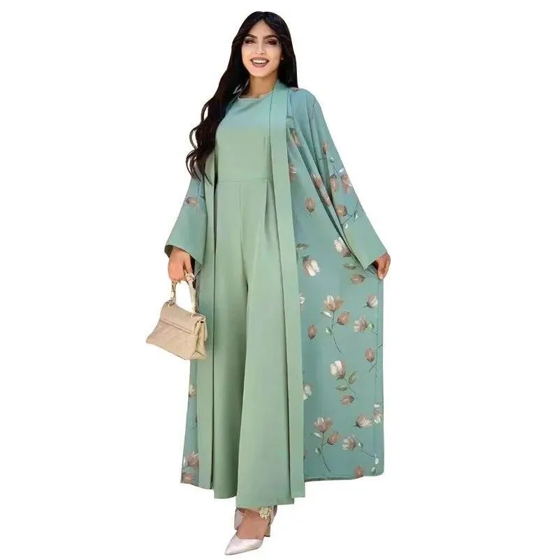 Floral Print Ethnic Abaya Set with Sleeveless Wide Leg Jumpsuit | Women's Clothing