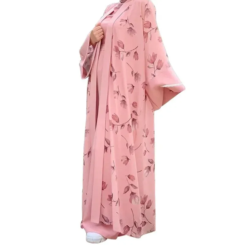 Floral Print Ethnic Abaya Set with Sleeveless Wide Leg Jumpsuit | Women's Clothing