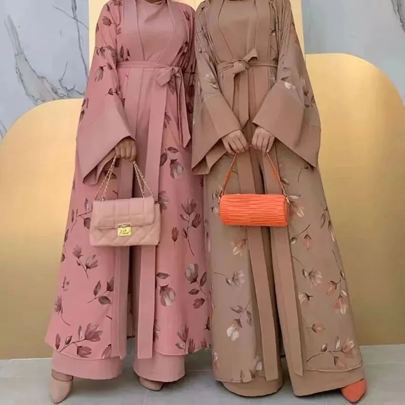 Floral Print Ethnic Abaya Set with Sleeveless Wide Leg Jumpsuit | Women's Clothing