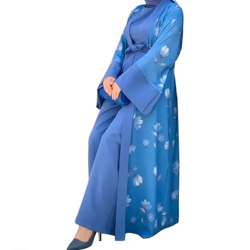 Floral Print Ethnic Abaya Set with Sleeveless Wide Leg Jumpsuit | Women's Clothing