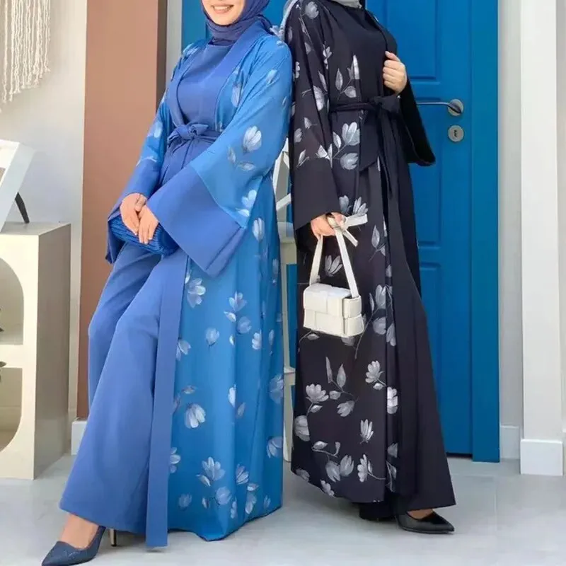 Floral Print Ethnic Abaya Set with Sleeveless Wide Leg Jumpsuit | Women's Clothing