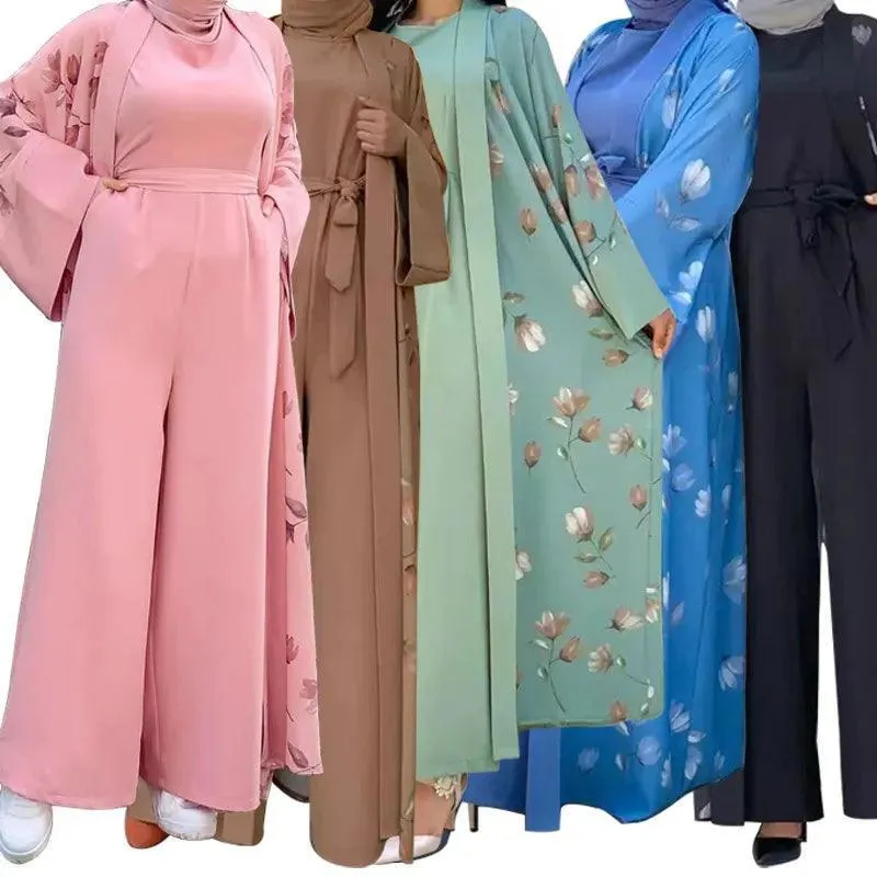 Floral Print Ethnic Abaya Set with Sleeveless Wide Leg Jumpsuit | Women's Clothing