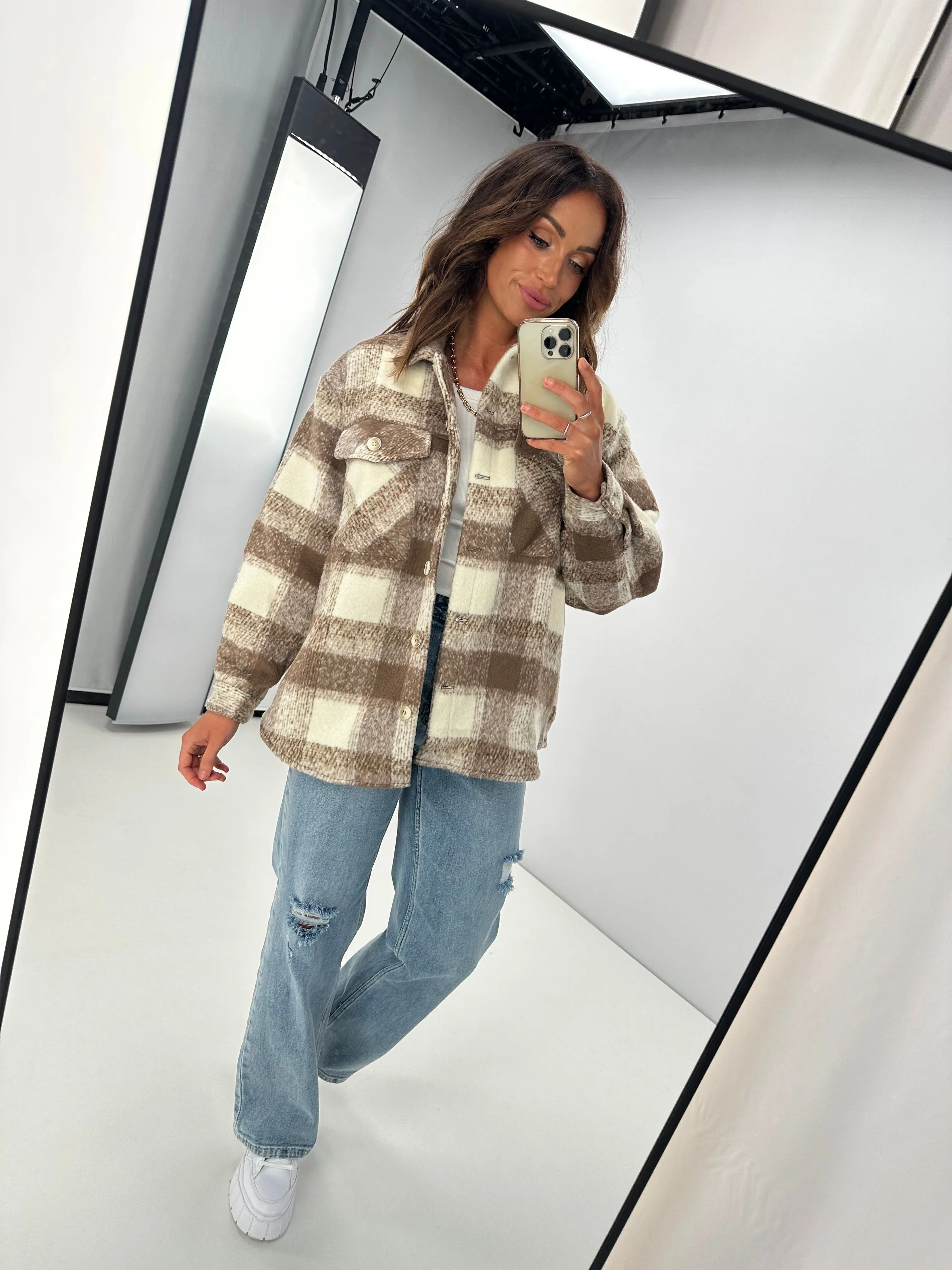 Fria Rowen Pastel Check Shacket Mocha