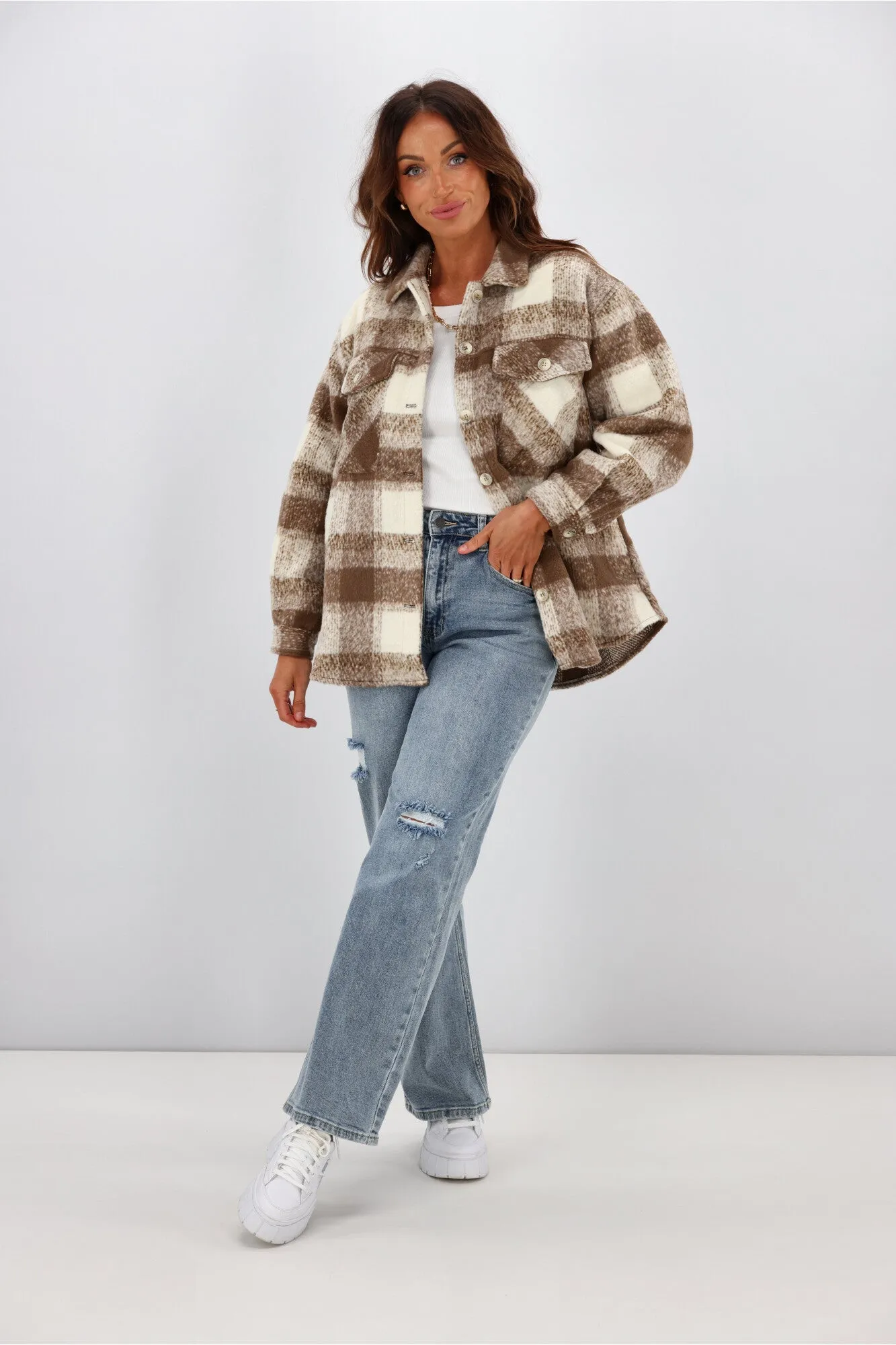 Fria Rowen Pastel Check Shacket Mocha
