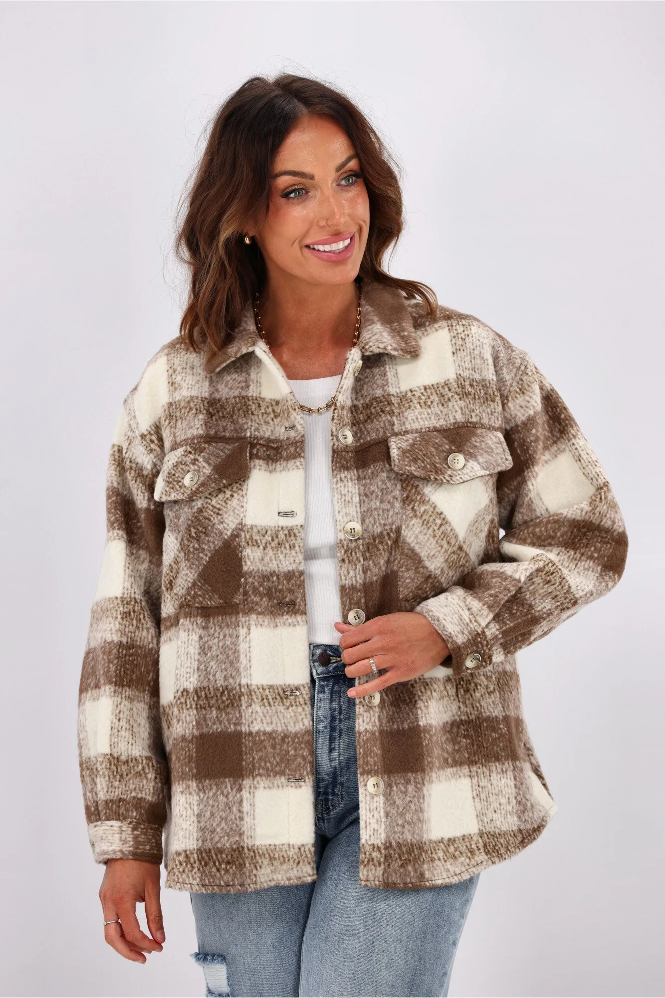 Fria Rowen Pastel Check Shacket Mocha