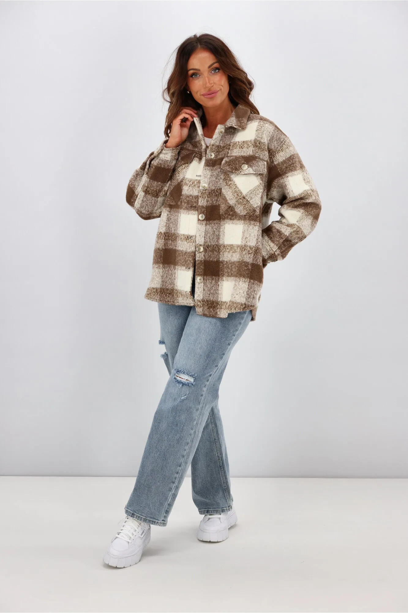 Fria Rowen Pastel Check Shacket Mocha
