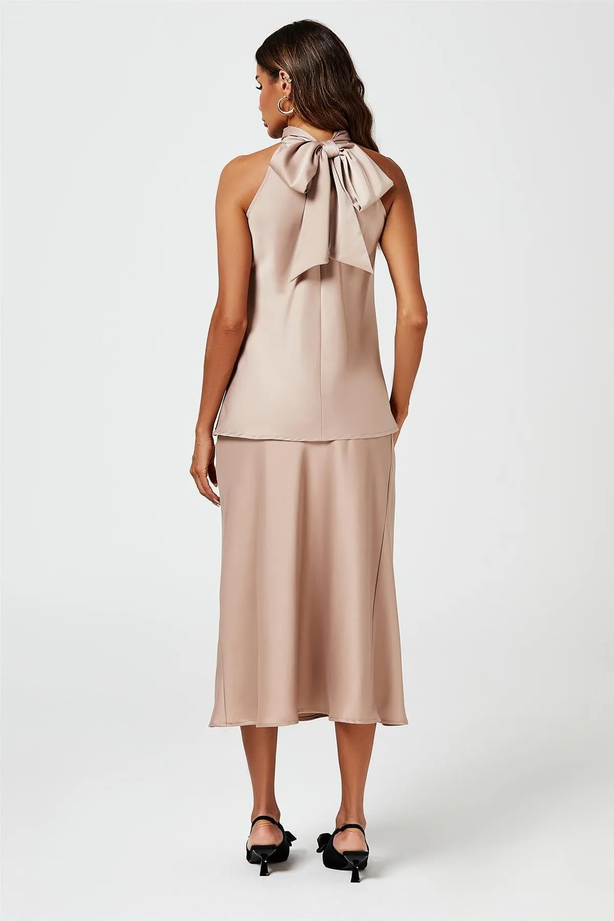 FS Collection Satin Halter Neck Tie Back Top In Light Brown