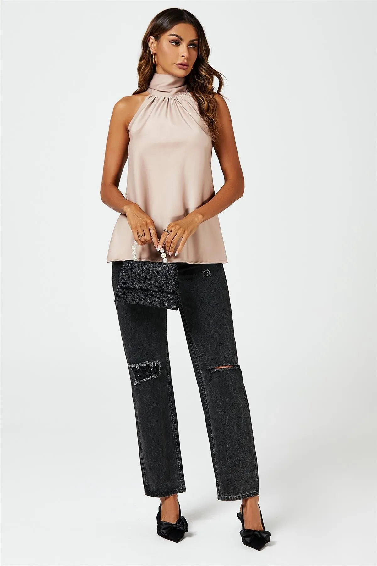 FS Collection Satin Halter Neck Tie Back Top In Light Brown