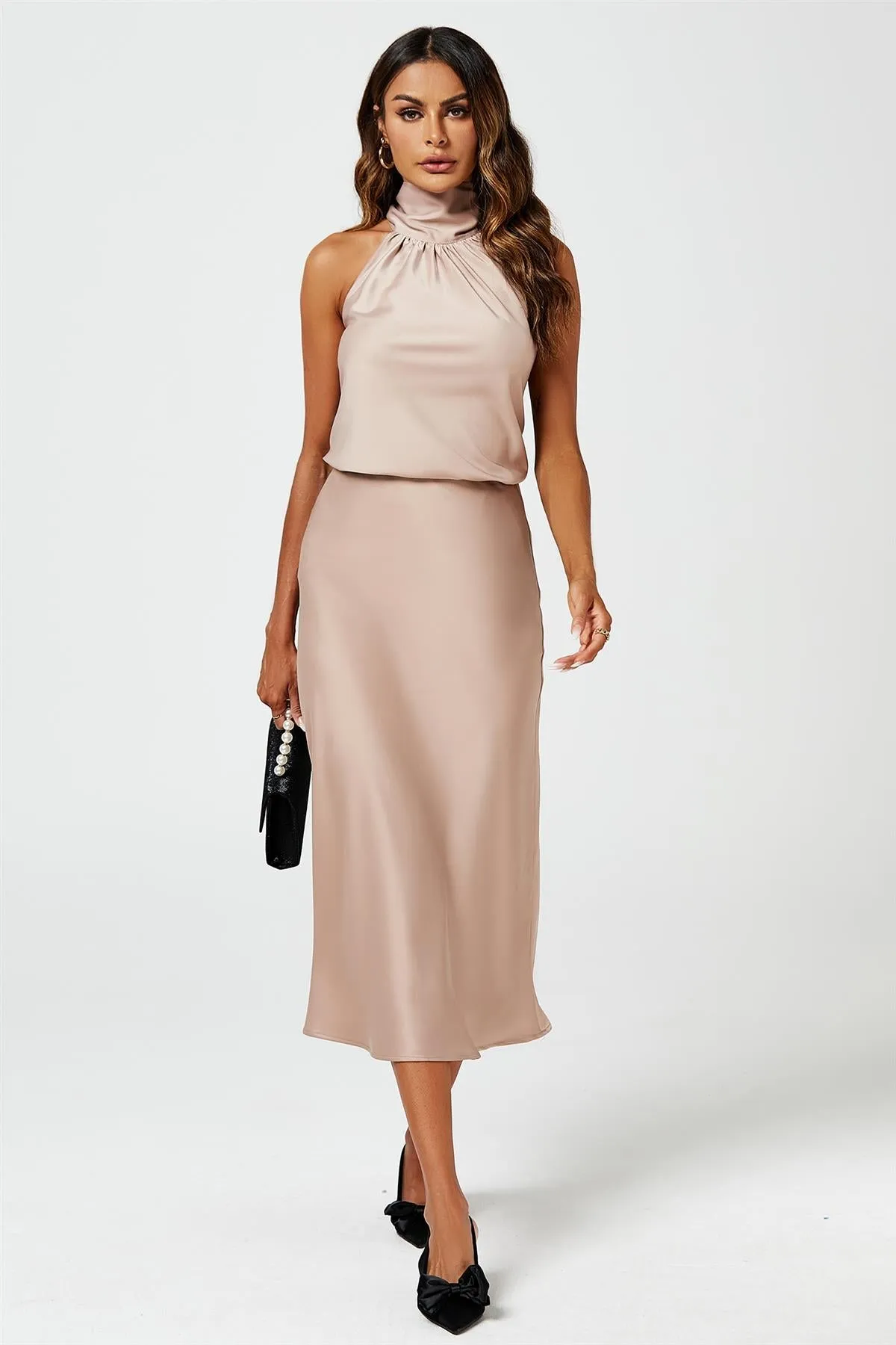 FS Collection Satin Halter Neck Tie Back Top In Light Brown