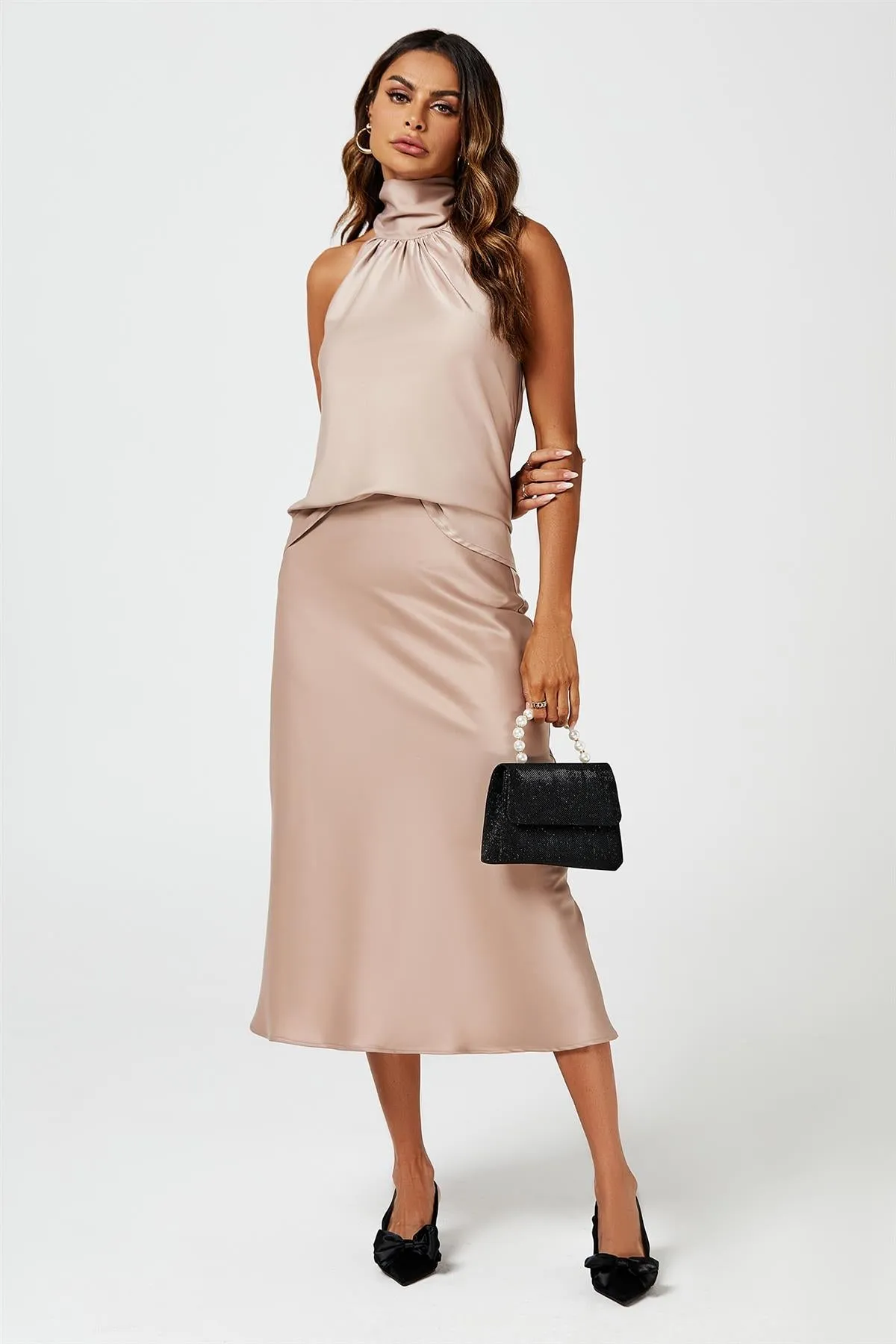 FS Collection Satin Halter Neck Tie Back Top In Light Brown