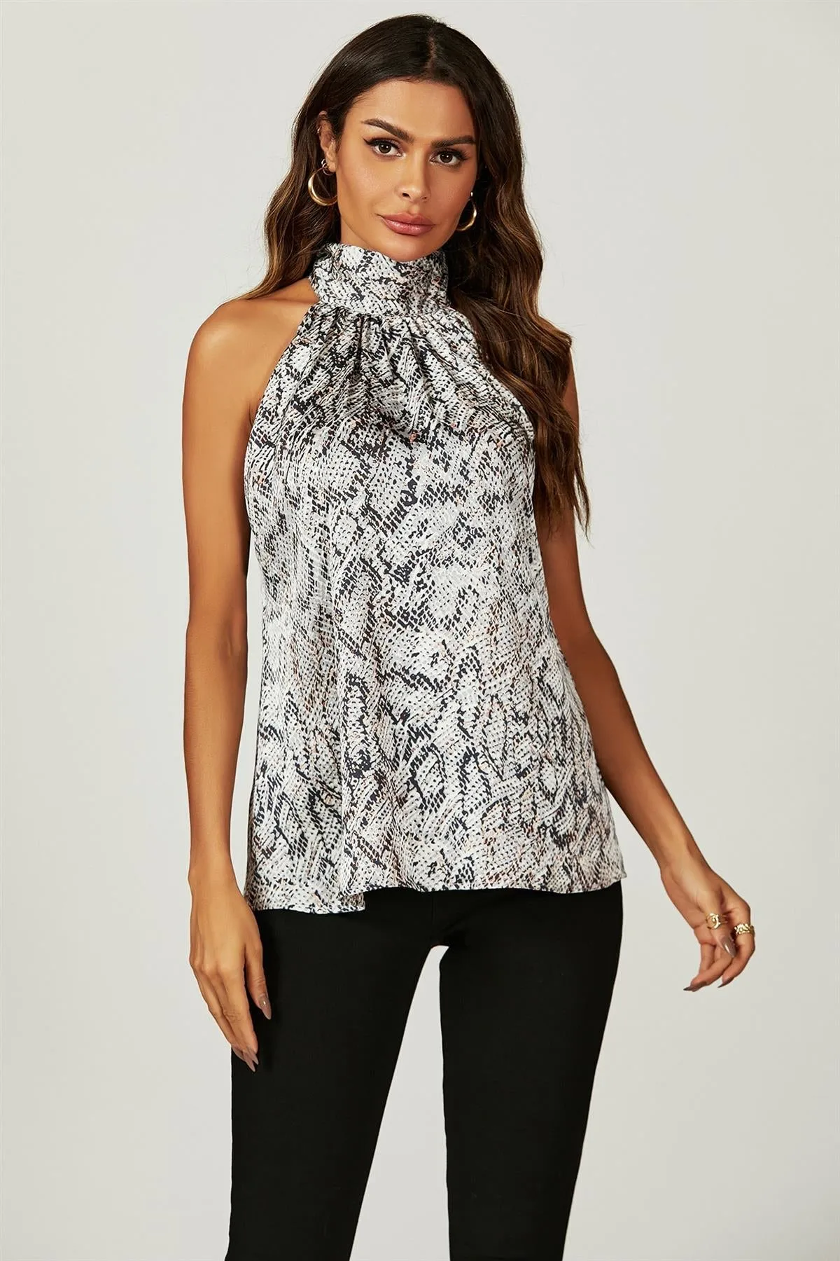 FS Collection Satin Snake Print Halter Neck Tie Back Top In Silver Grey