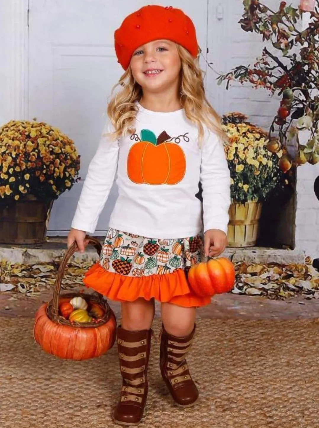 Girls Pumpkin Printed Long Sleeve Top And Ruffled Skirt Set