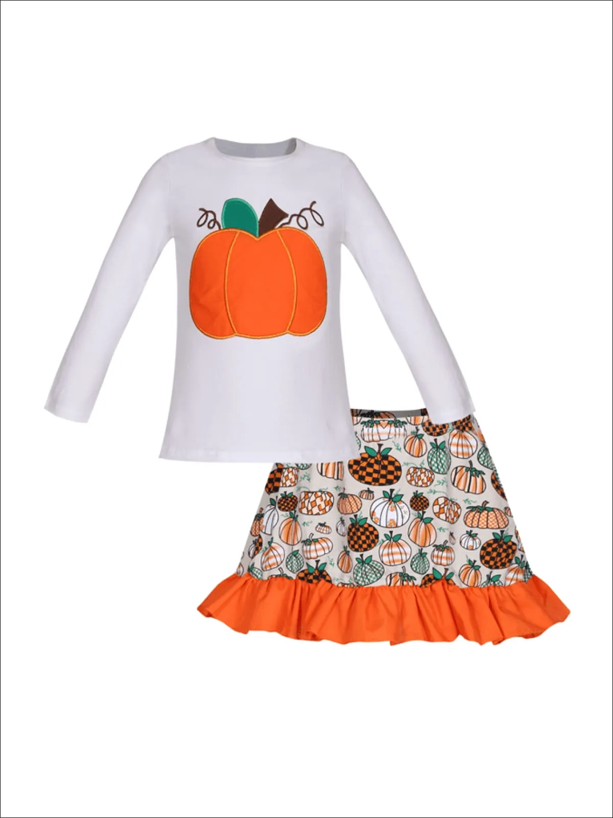 Girls Pumpkin Printed Long Sleeve Top And Ruffled Skirt Set