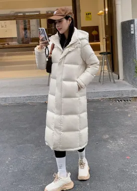 Hooded Knee Length Quilted Down Puffer Coat