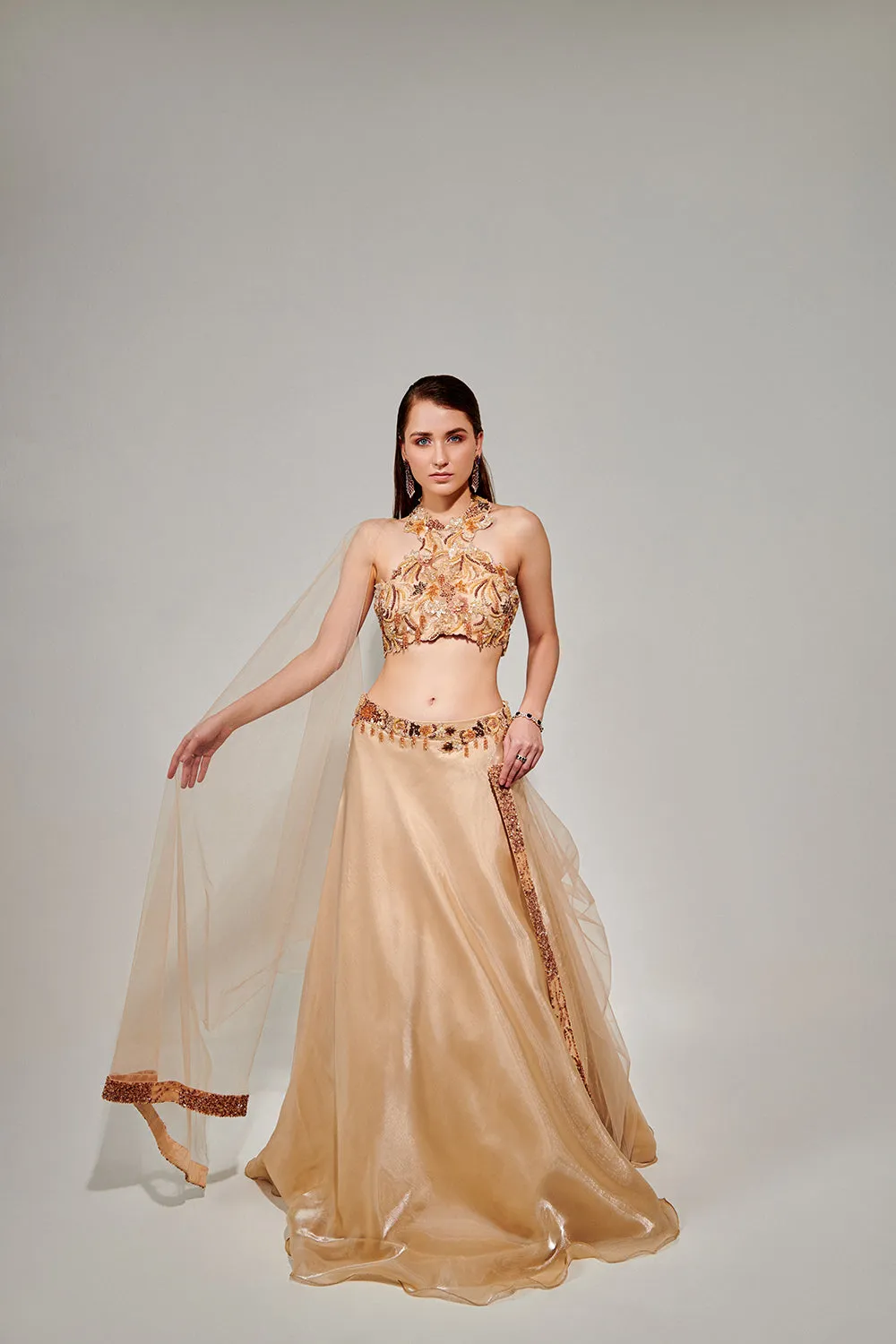 Ivory Cut Work Halter Neck Blouse And Lehenga Set