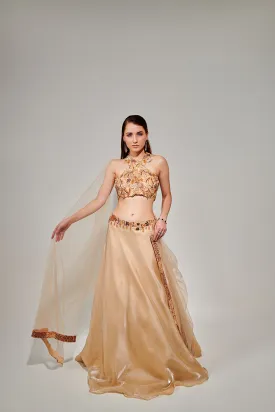 Ivory Cut Work Halter Neck Blouse And Lehenga Set