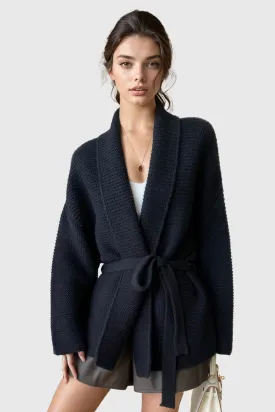 Knitted Cardigan with Belt - Black