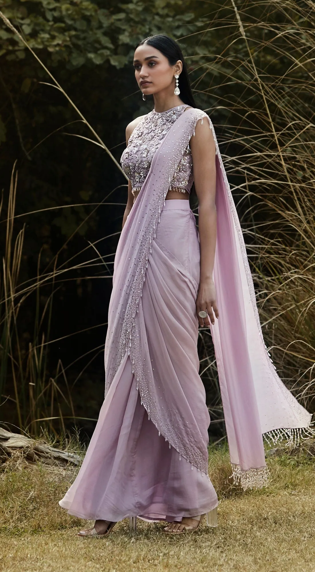 Lilac Embroidered Pre Draped Saree