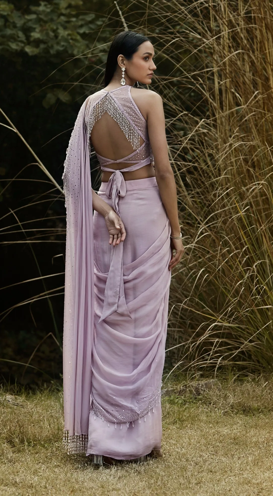 Lilac Embroidered Pre Draped Saree