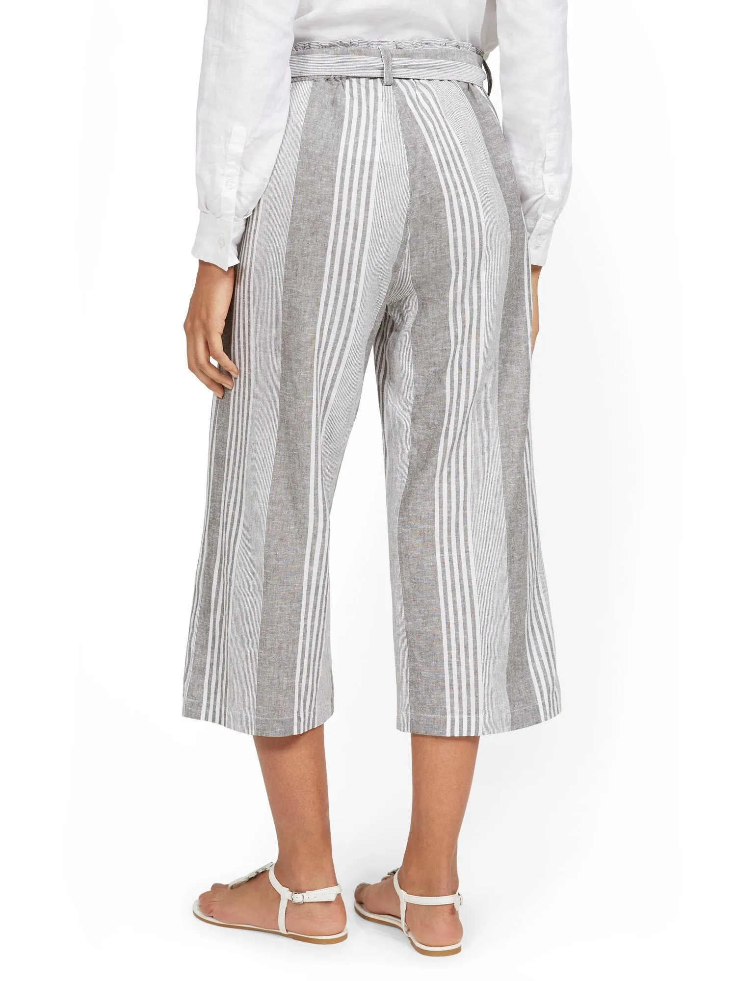 Linen-Blend Striped High-Waisted Paperbag Wide-Leg Capri Pant